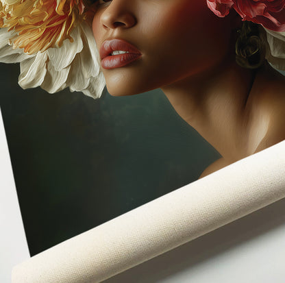 Woman surrounded by peonies art featuring oversized ivory, coral and golden flowers around her portrait