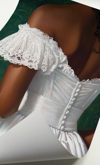 Woman white corset dress art featuring delicate lace sleeves and a fitted buttoned bodice