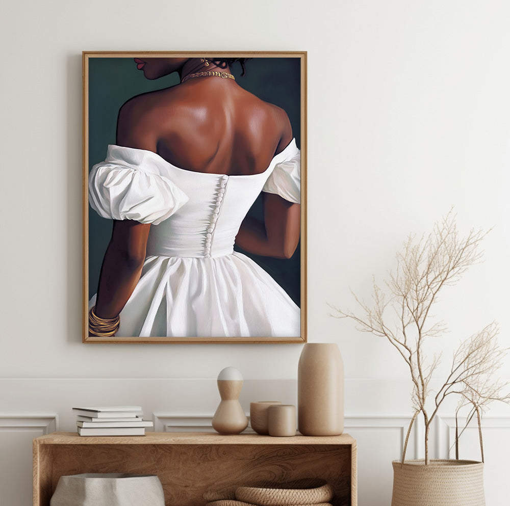 Woman in white dress back view wall art featuring an off shoulder neckline and feminine silhouette