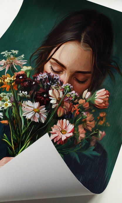 Woman with bouquet wall art featuring a dark-haired female portrait with colorful flowers