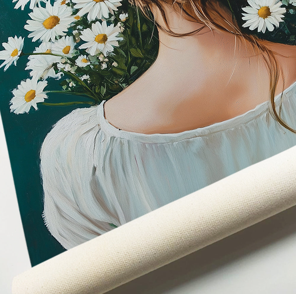Woman with braided hair and daisies featuring an elegant low bun and white flowers on a teal background
