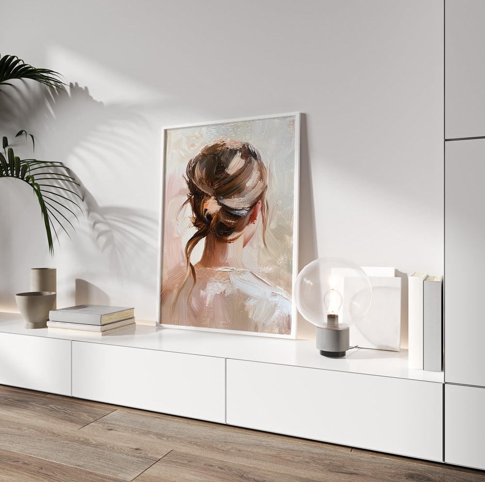 Woman with brown hair wall art featuring a sophisticated twisted bun viewed from behind