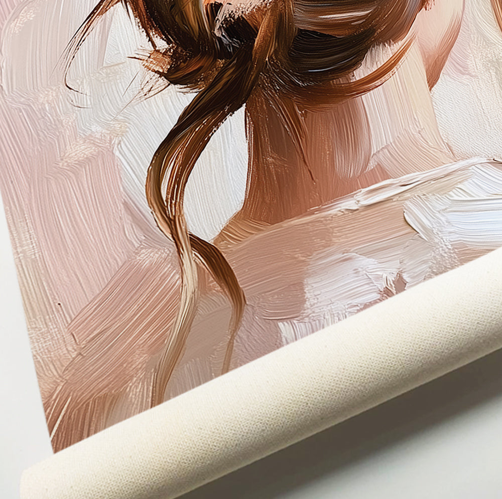 Woman with bun hairstyle print in a soft painterly style with beige, blush and brown tones