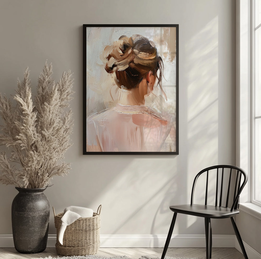 Woman with bun portrait featuring a feminine figure viewed from behind in a painterly style