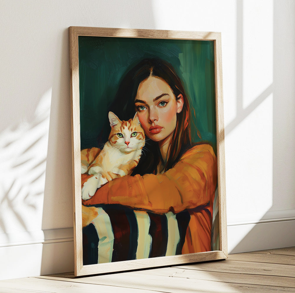 Woman with cat wall art featuring a brunette holding a ginger and white cat against a dark green background