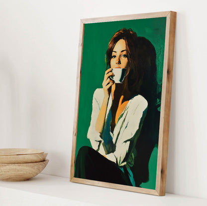 Woman with coffee cup wall art in green, black and neutral tones