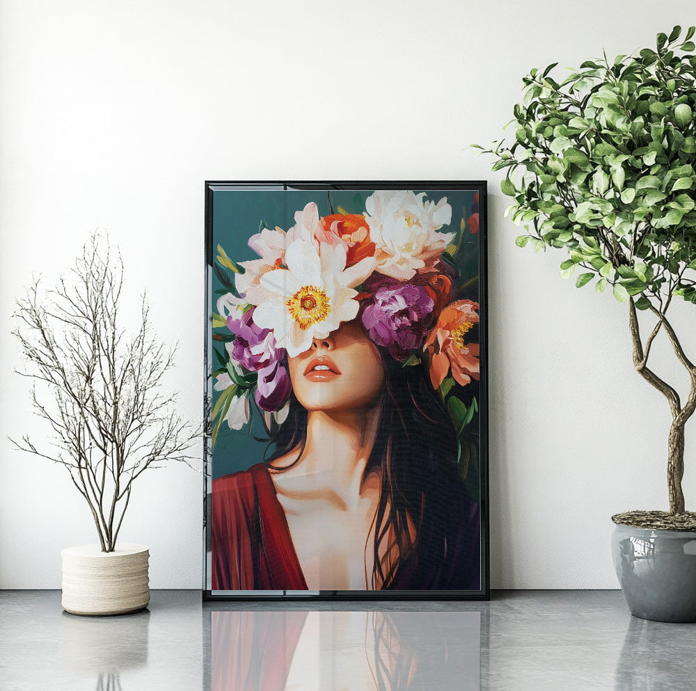 Woman with colorful flowers wall art featuring oversized white, purple and orange blooms covering her eyes