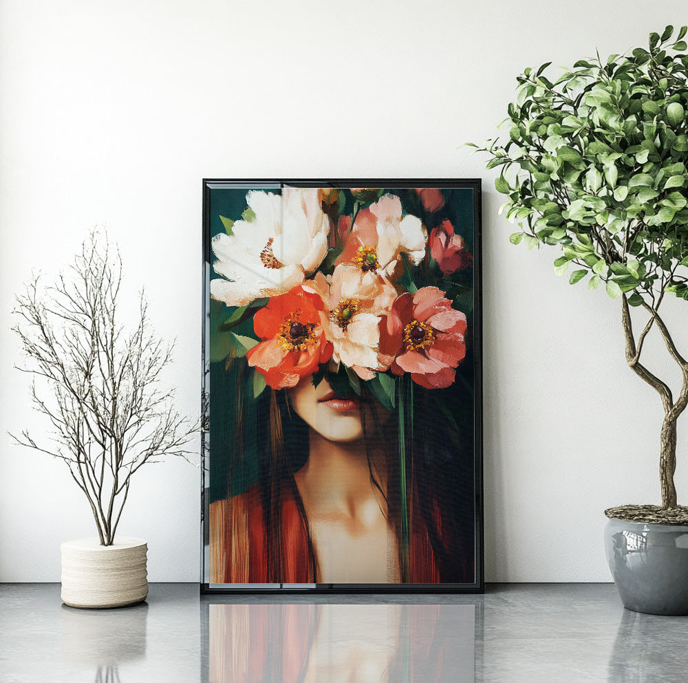 Woman with coral flowers wall art featuring oversized white, peach and orange blooms covering her eyes
