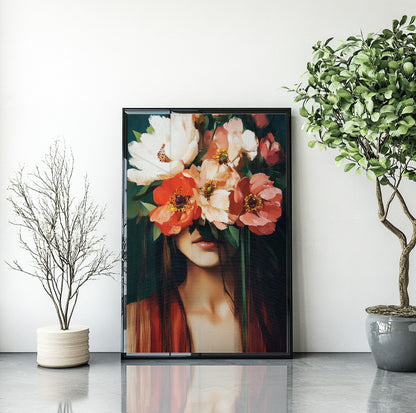 Woman with coral flowers wall art featuring oversized white, peach and orange blooms covering her eyes