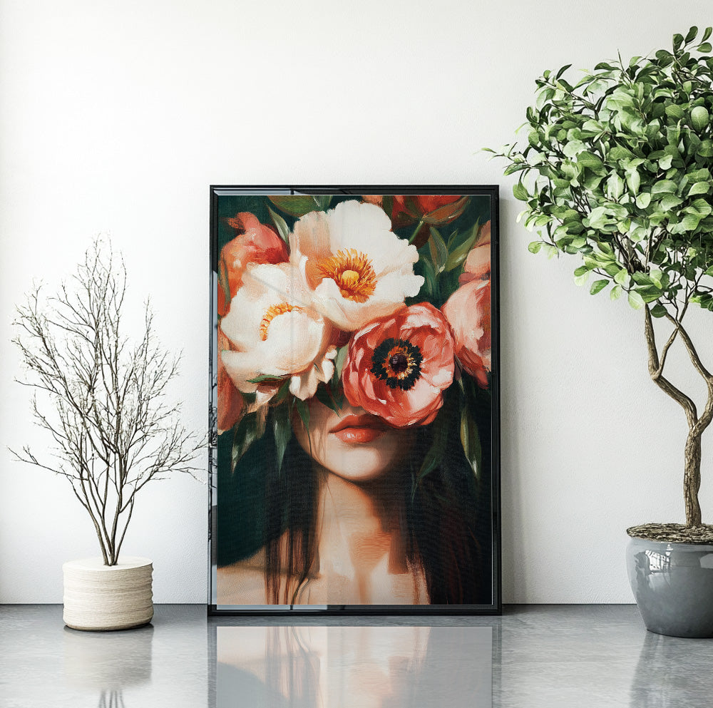 Woman with coral peonies wall art featuring oversized cream, peach and coral flowers covering her eyes
