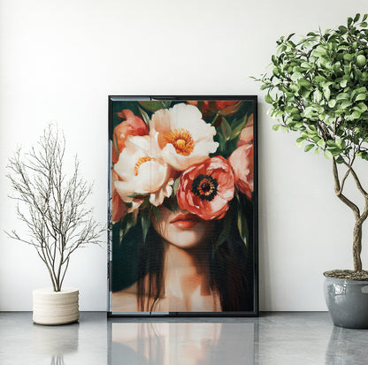 Woman with coral peonies wall art featuring oversized cream, peach and coral flowers covering her eyes