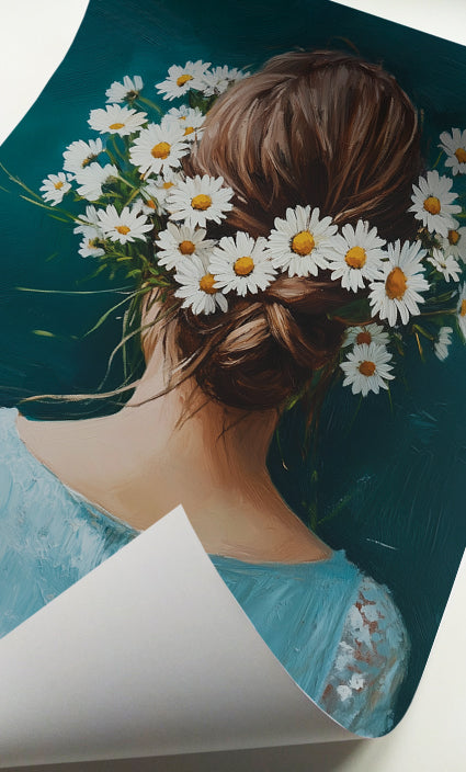 Woman with daisies back view print featuring brown hair, white flowers and a soft blue dress