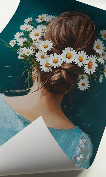 Woman with daisies back view print featuring brown hair, white flowers and a soft blue dress