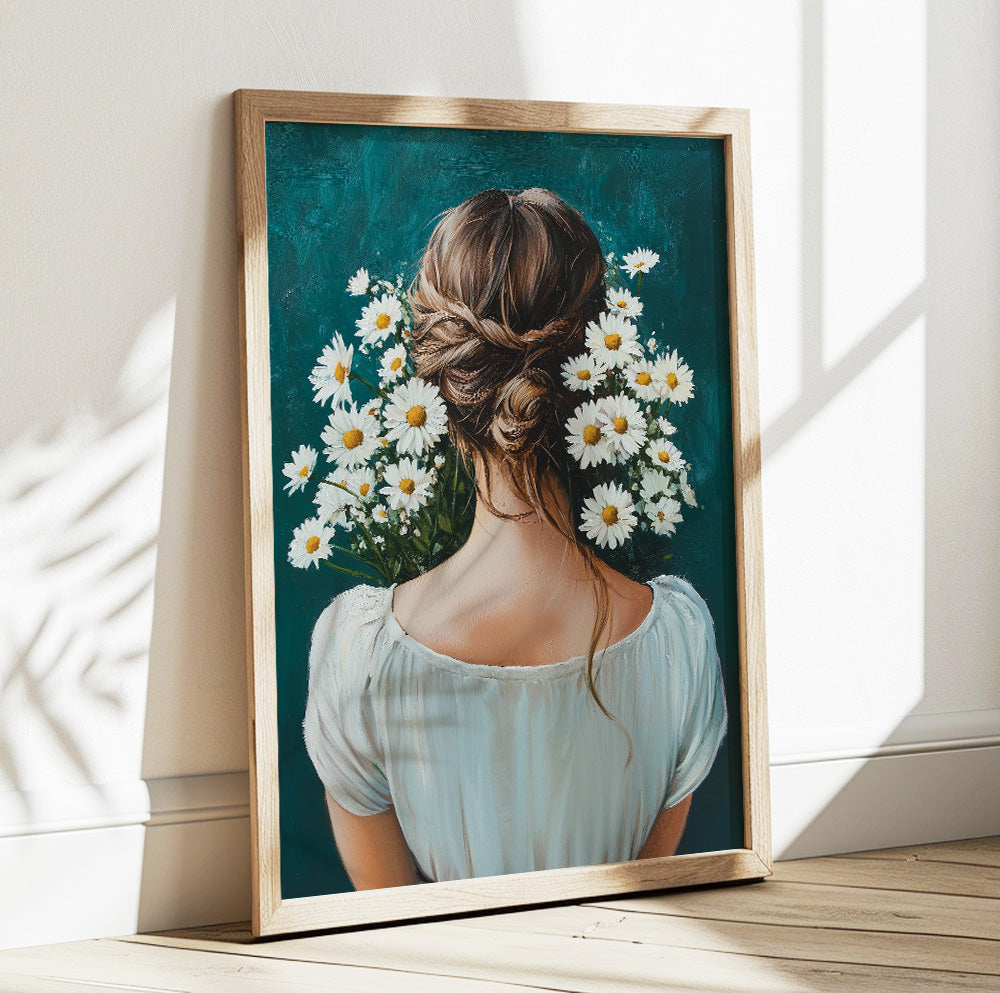 Woman with daisies wall art featuring a brunette viewed from behind surrounded by white flowers