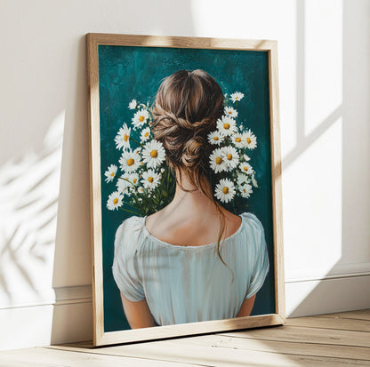 Woman with daisies wall art featuring a brunette viewed from behind surrounded by white flowers