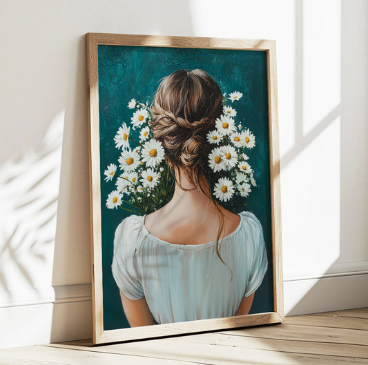 Woman with daisies wall art featuring a brunette viewed from behind surrounded by white flowers