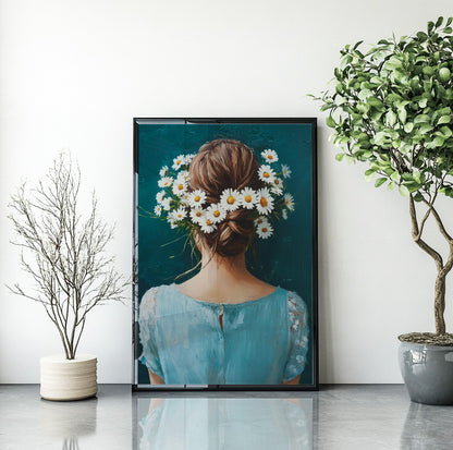 Woman with daisy crown wall art featuring a brunette viewed from behind with white flowers in her hair