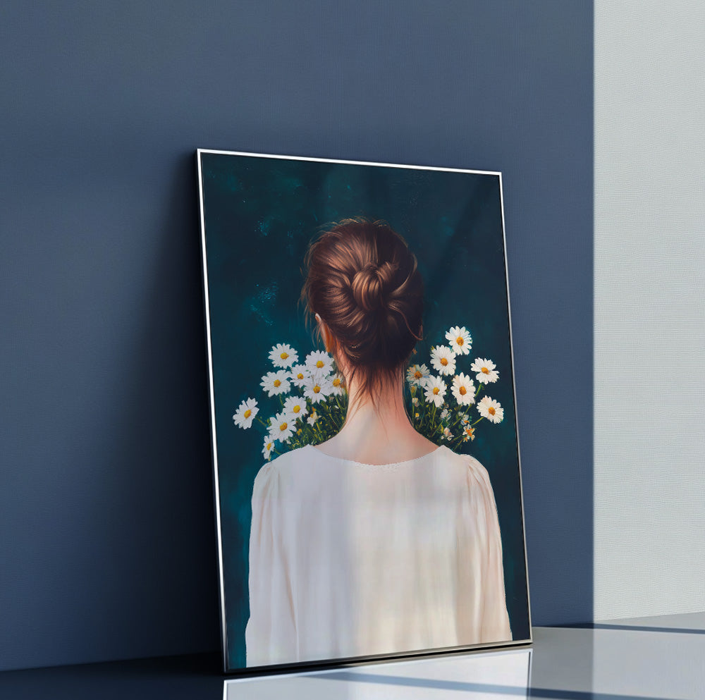 Woman with daisy flowers portrait featuring a graceful back view and white daisies on a deep teal background