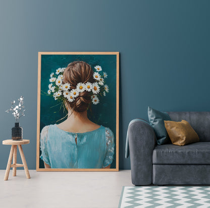Woman with daisy wreath wall art featuring a floral hair arrangement against a deep teal background