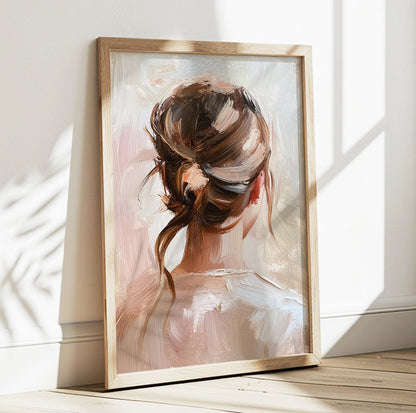 Woman with elegant updo wall art featuring a brunette hairstyle painted in soft neutral tones