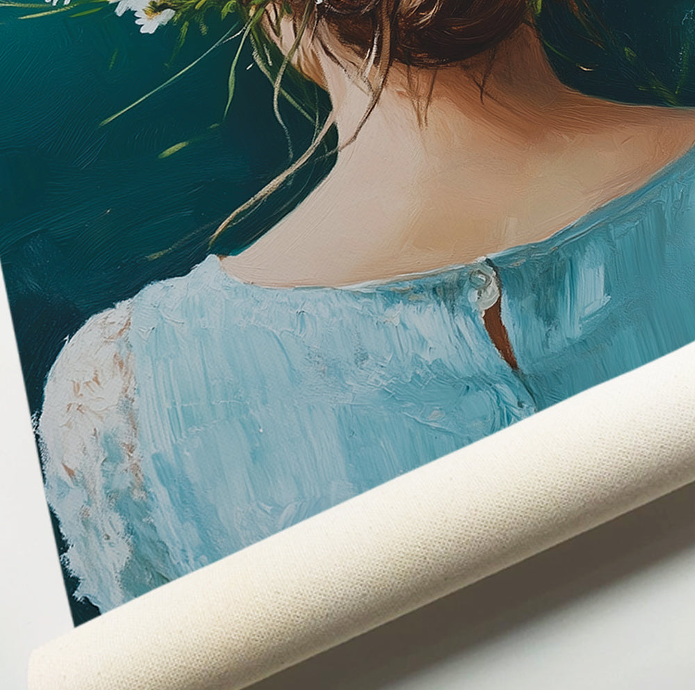 Woman with floral hair wall art featuring white daisies, a loose brown updo and blue clothing