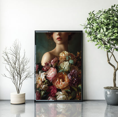 Woman with flower bouquet wall art featuring an elegant female portrait surrounded by lush peonies