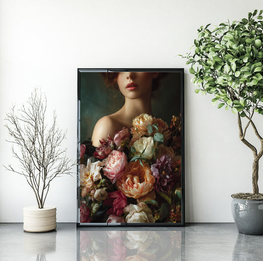Woman with flower bouquet wall art featuring an elegant female portrait surrounded by lush peonies