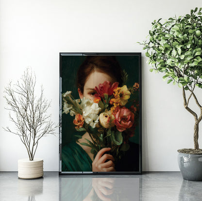 Woman with flower bouquet wall art featuring a female portrait partially hidden behind colorful blooms