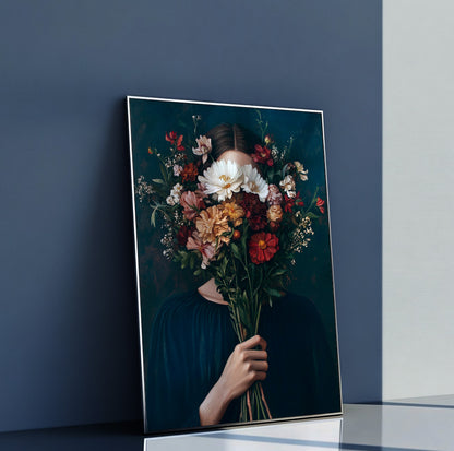 Woman with flower bouquet wall art featuring a female portrait hidden behind colorful blooms
