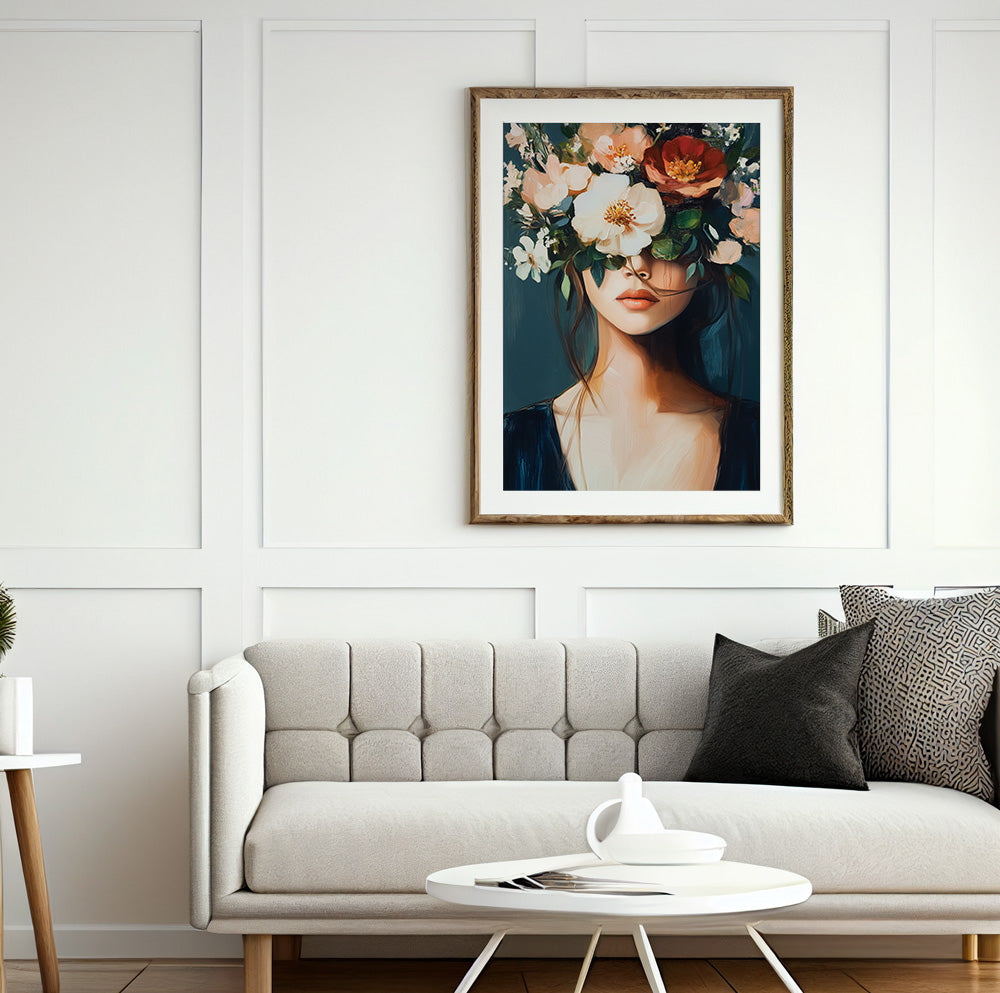 Woman with flower crown wall art featuring white, peach and red painterly flowers with green foliage