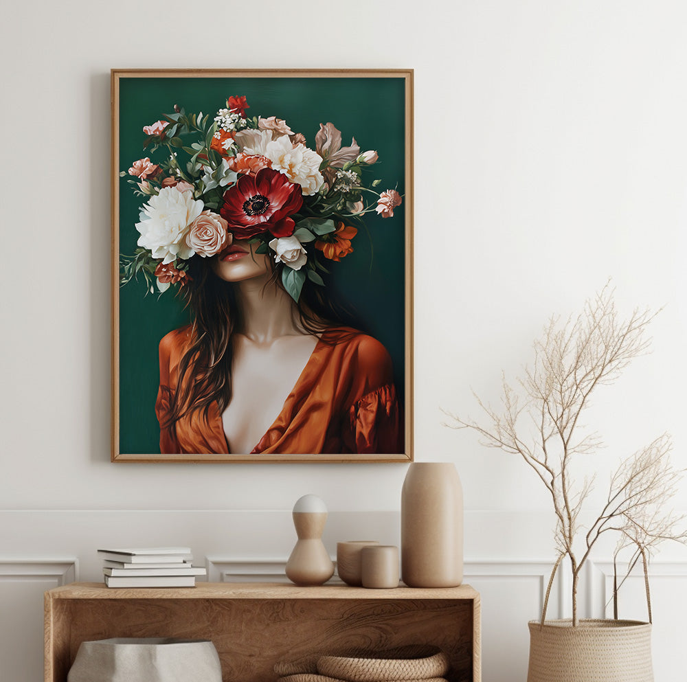 Woman with flower face art featuring red, white and peach blooms on a deep green background