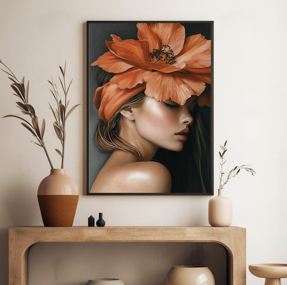 Woman with flower headpiece art featuring oversized burnt orange blossoms