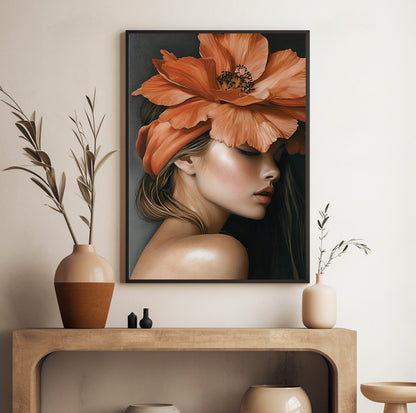 Woman with flower headpiece art featuring oversized burnt orange blossoms