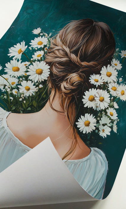 Woman with flowers back view print featuring delicate white daisies and an elegant feminine hairstyle