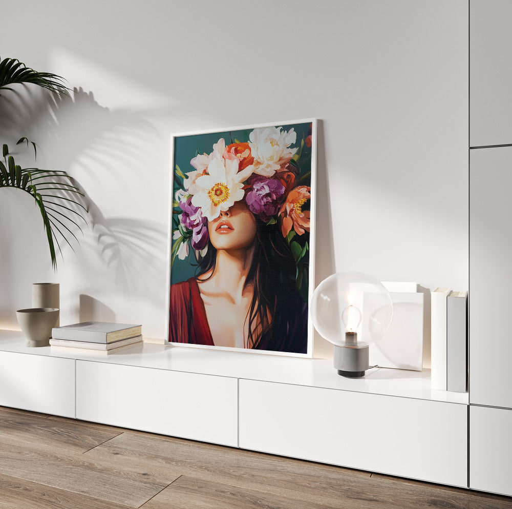 Woman with flowers over her eyes art featuring large white, purple and coral blooms in a bold floral composition