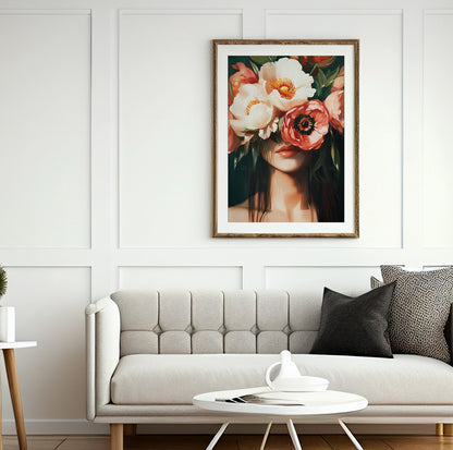 Woman with flowers over her eyes featuring oversized peach and ivory blooms against a dark green background