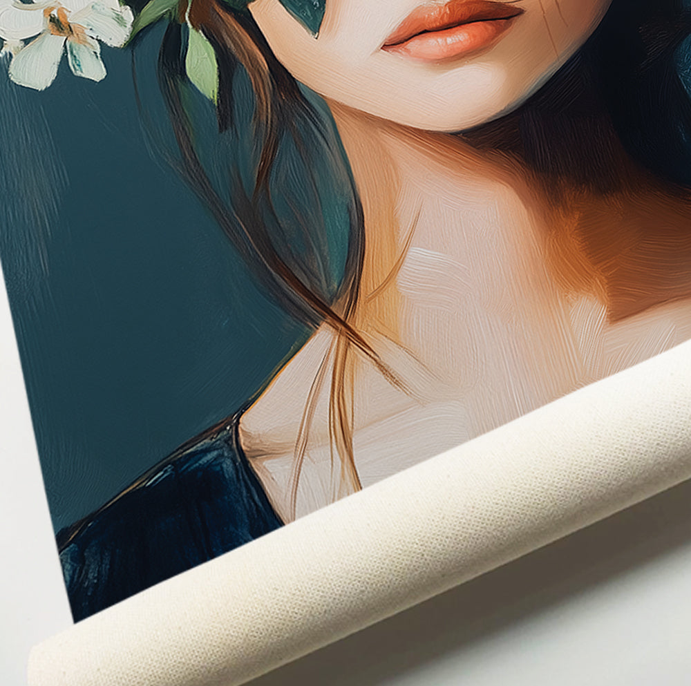 Woman with flowers over her eyes featuring oversized white blooms and lush green leaves
