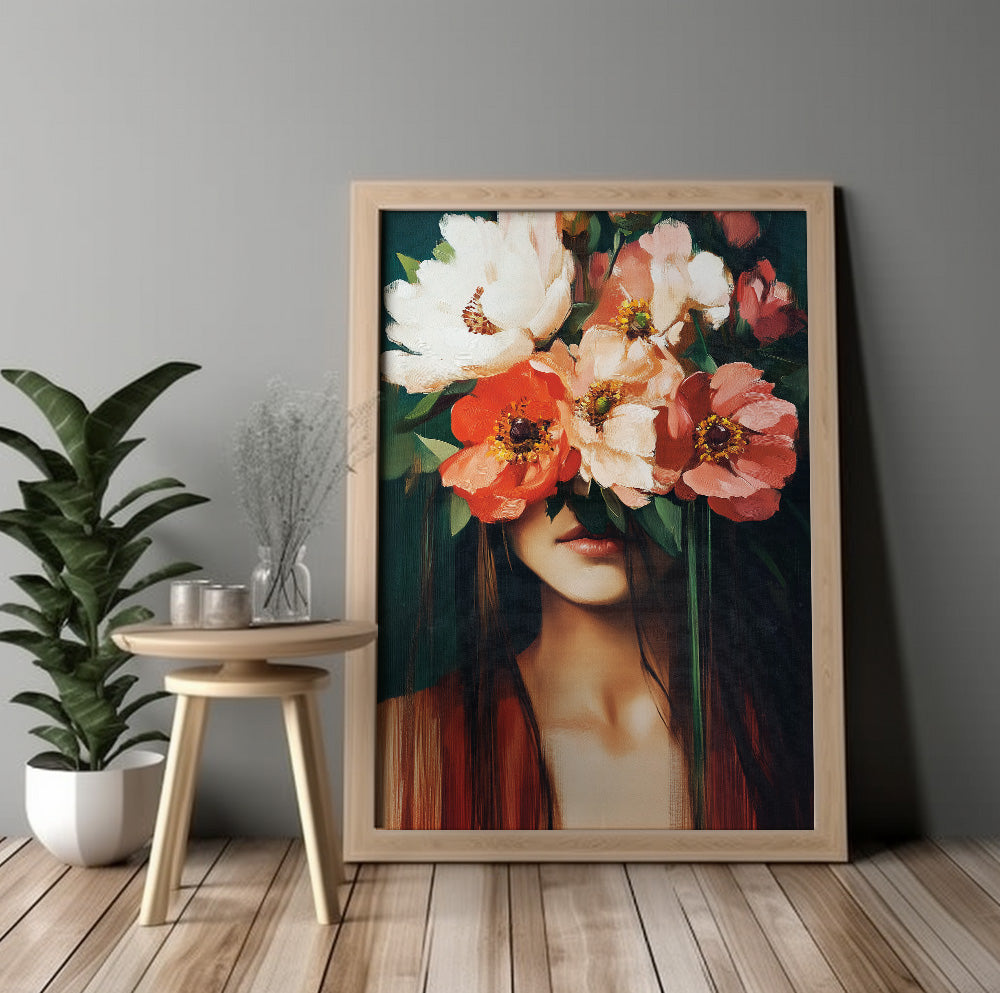 Woman with flowers over her eyes featuring oversized cream, coral and blush blooms against a dark green background