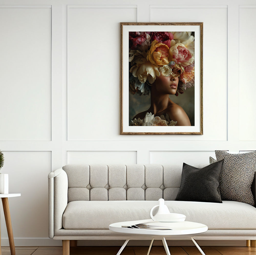Woman with flowers portrait art featuring an elegant female figure beneath a large floral arrangement