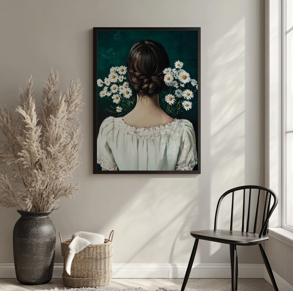 Woman with flowers portrait featuring a brunette from behind against a deep green background