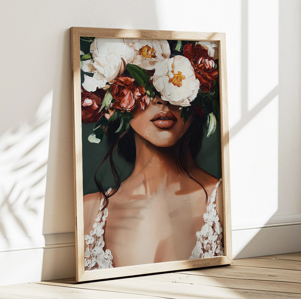 Woman with flowers portrait featuring oversized cream and deep red blooms against a dark green background