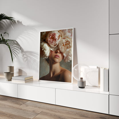 Woman with flowers portrait featuring oversized ivory and blush blooms in a soft neutral palette