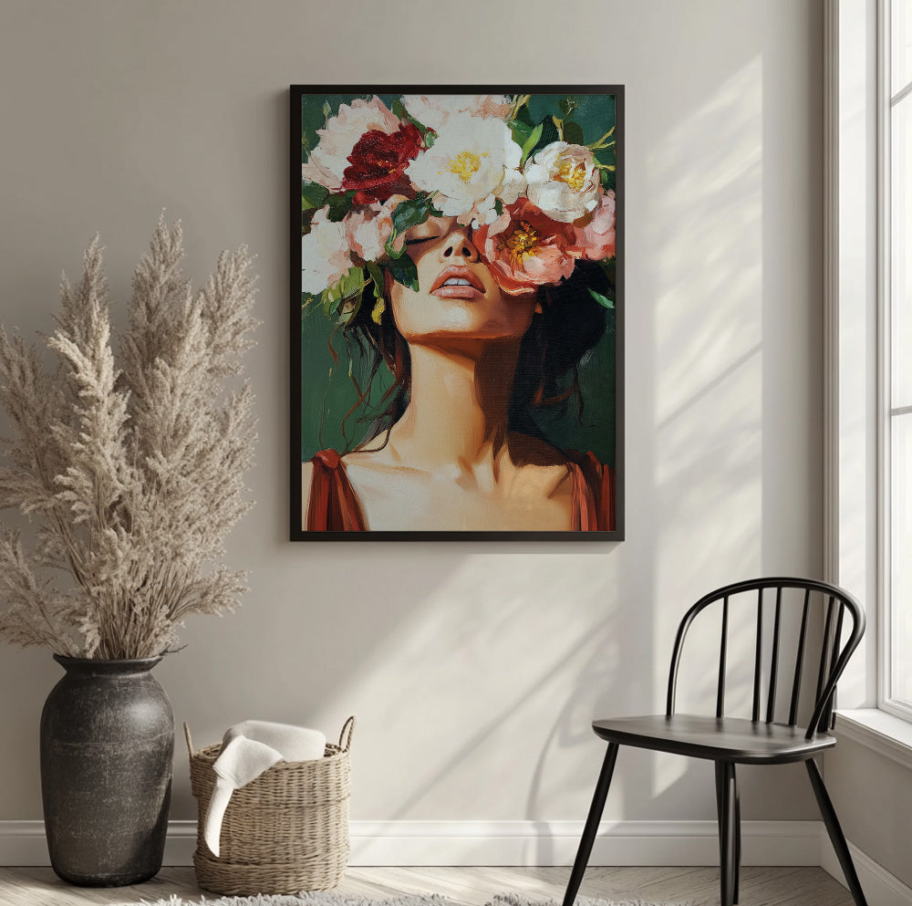 Woman with flowers portrait featuring dramatic peony blooms against a deep green background