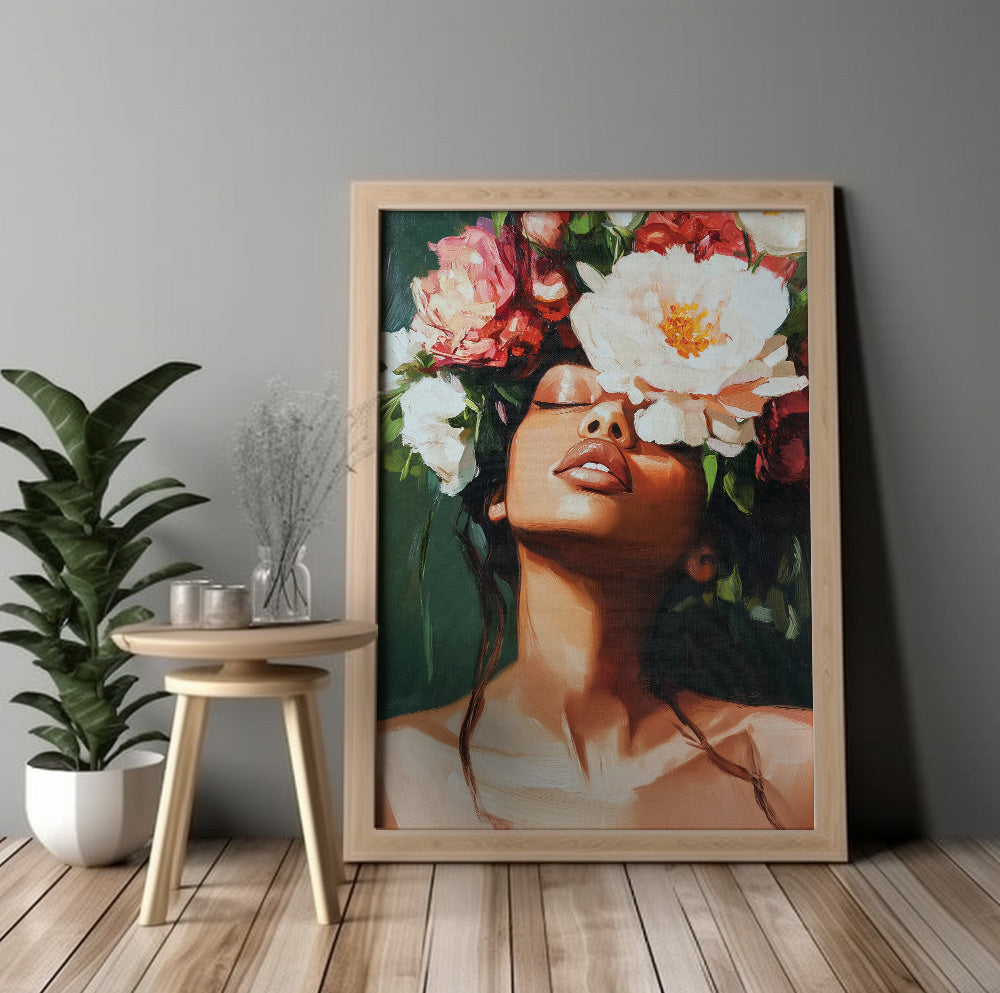Woman with flowers portrait featuring large romantic blooms against a deep green background