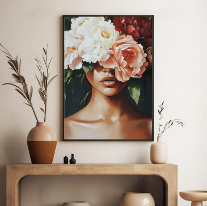Woman with flowers portrait featuring large cream, peach and burgundy blooms against a dark background
