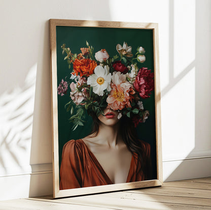 Woman with flowers wall art featuring a brunette surrounded by pink, orange, white and red blooms