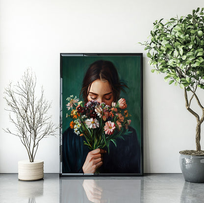 Woman with flowers wall art featuring a brunette holding a colorful wildflower bouquet