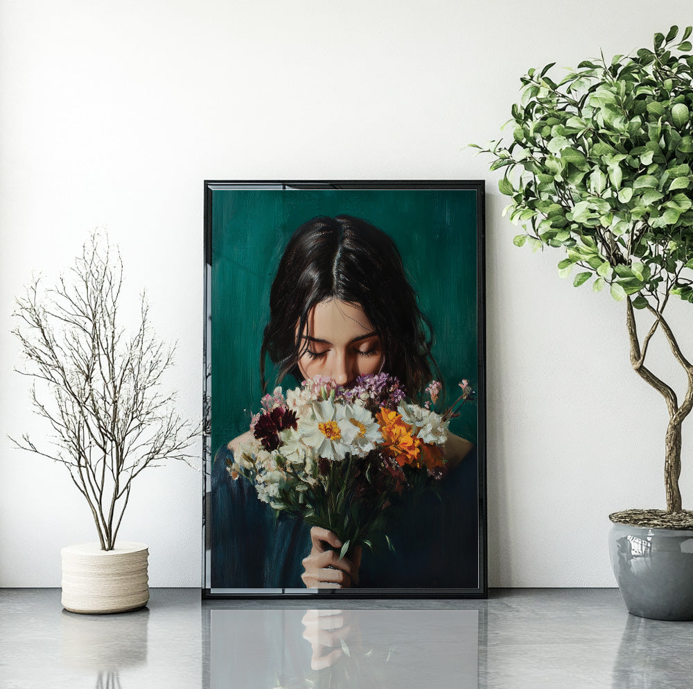 Woman with flowers wall art featuring a brunette holding a colorful wildflower bouquet