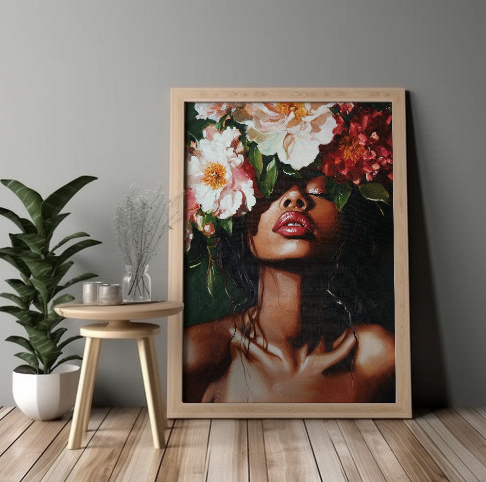 Woman with flowers wall art featuring an expressive female portrait surrounded by large colorful blooms