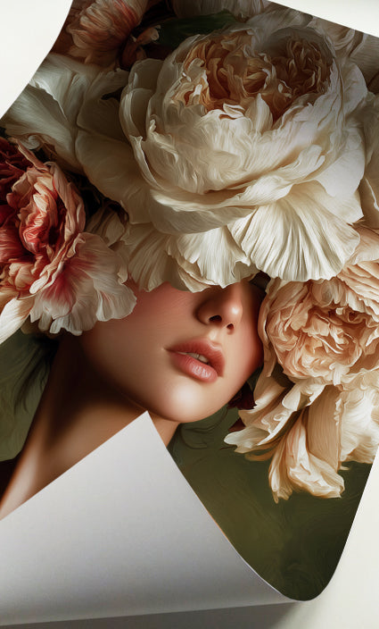 Woman with flowers wall art featuring large ivory and peach peonies in a dramatic floral composition